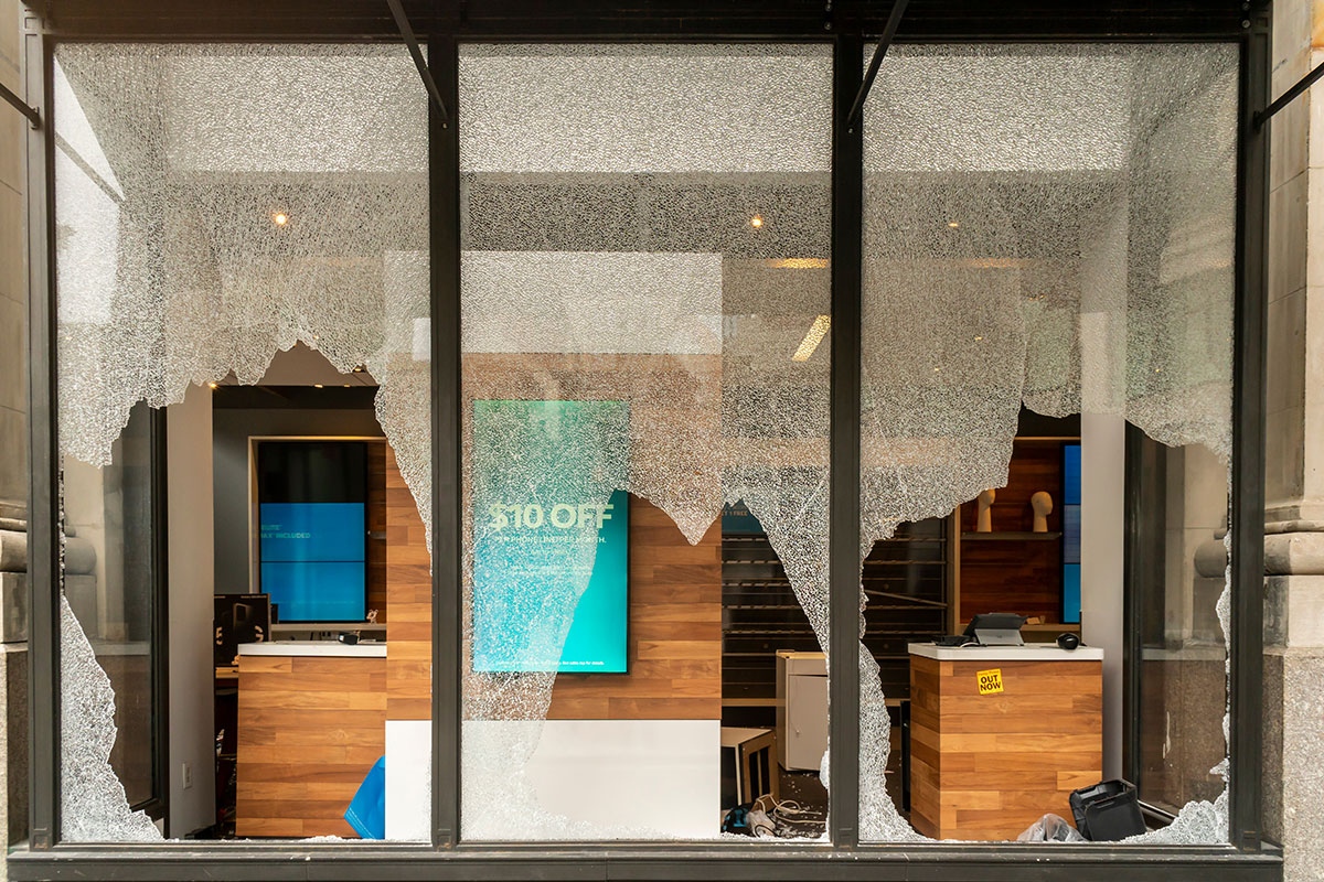 retail department store showing damage from vandalism