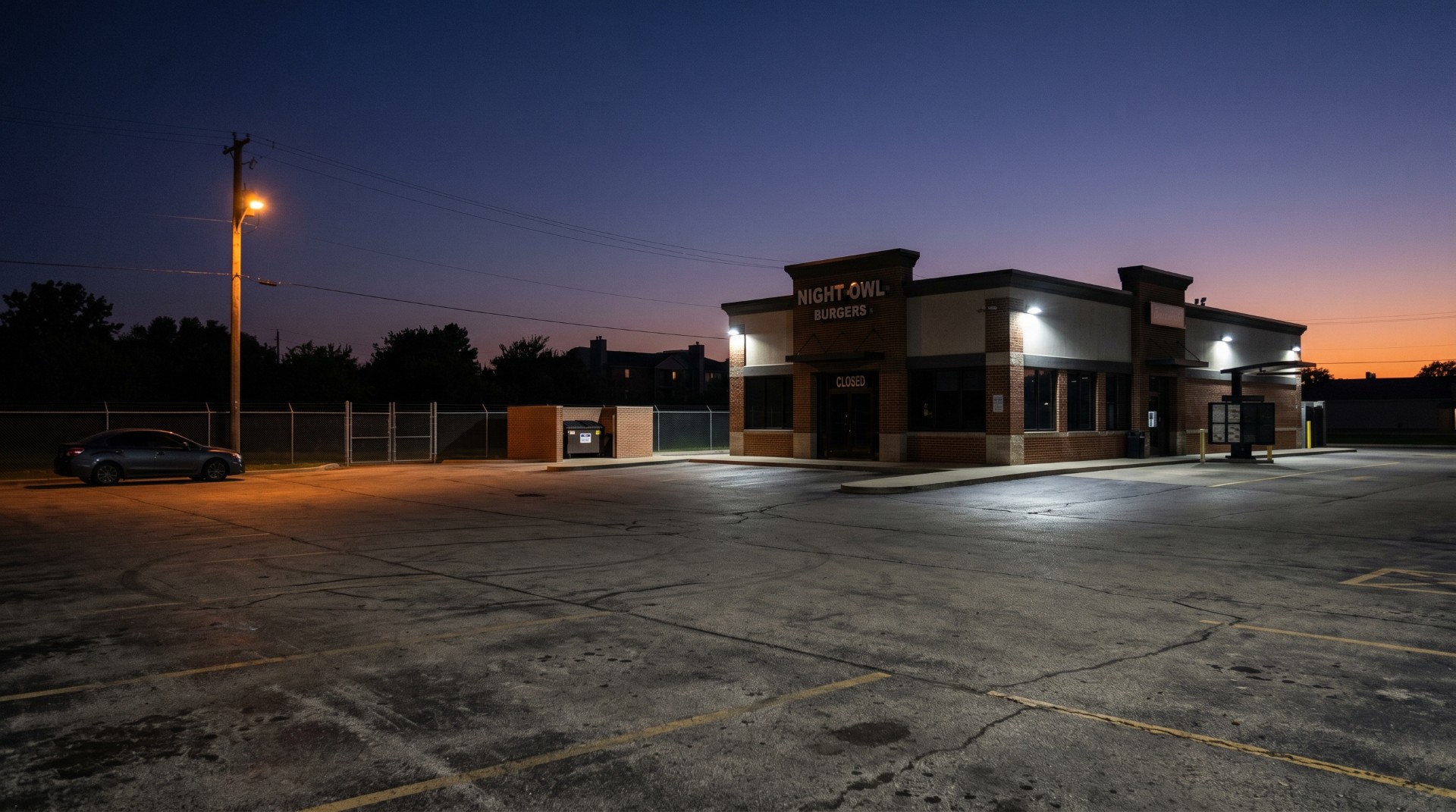 Unstaffed commercial property at dusk with an empty parking lot and perimeter fence during high-risk after-hours