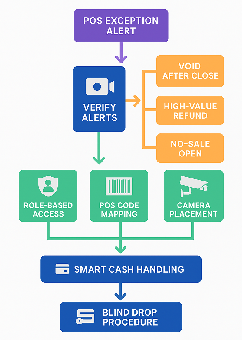 Flowchart showing how POS exception alerts and video-linked transaction monitoring work with smart tills and blind drops to detect fraud.