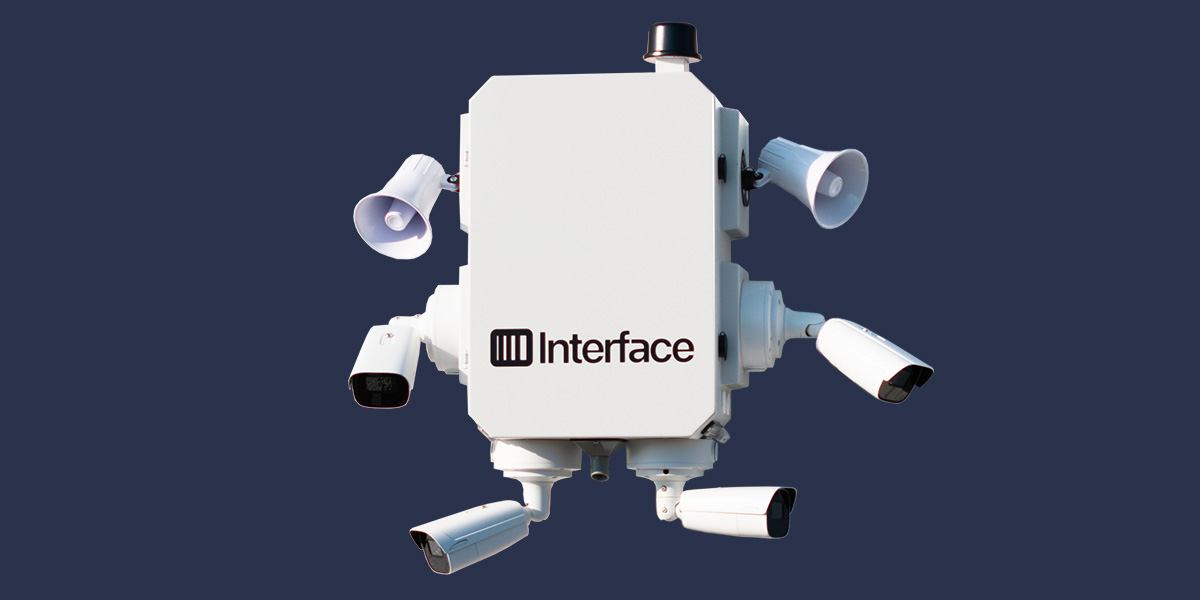 Interface Virtual Perimeter Guard tower with cameras, speakers, and lighting for autonomous deterrence